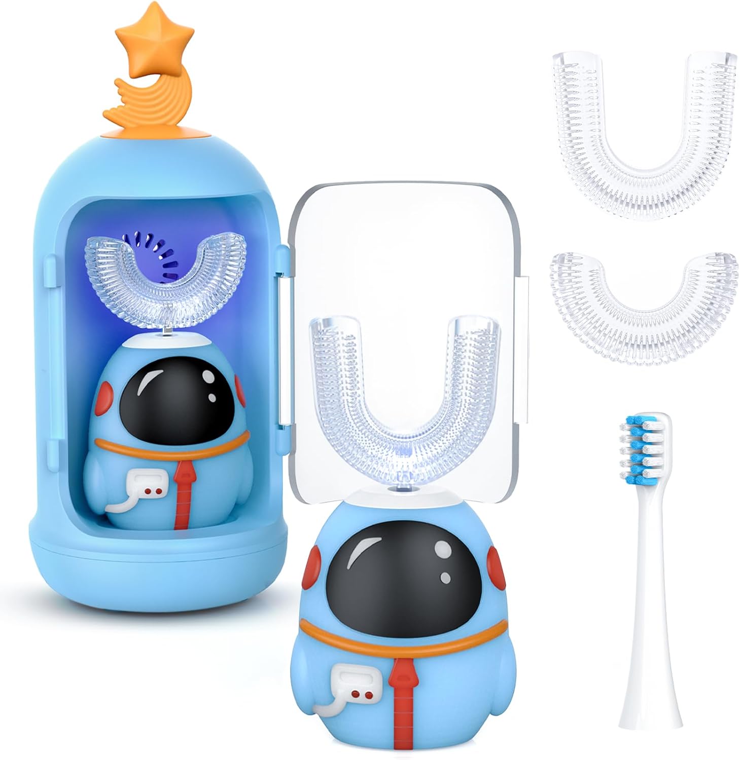 FTOYIN Kids Electric Toothbrush with 3 Brush Heads, U Shaped Ultrasonic Toothbrush Kids with 5 Modes, 45s Smart Reminder, 360-Degree Automatic Cleaning, IPX7 Waterproof Design