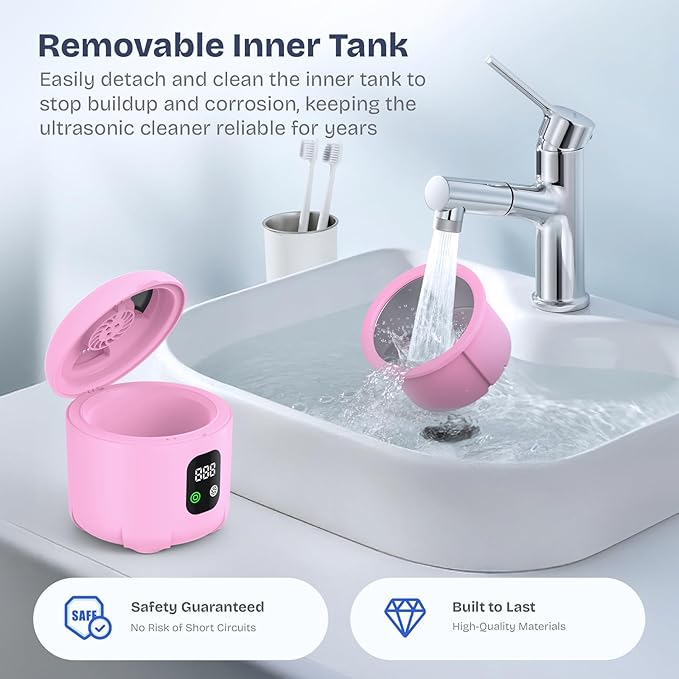 2025 Ultrasonic Retainer Cleaner- 45KHz 25W Portable Denture Cleaner with Drying Function and Removable Inner for Dentures, Mouth Guards, Aligners, Jewelry and More (Pink)