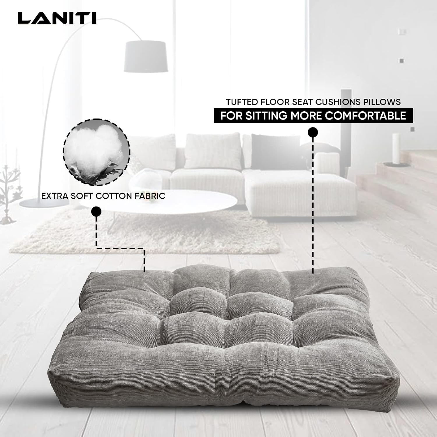 LANITI 24” Inch Extra Large Floor Cushions Tufted Floor Pillow for Adults Square Meditation Ultimate Comfort Oversized Pillows for Floor Cushion (Charcoal)