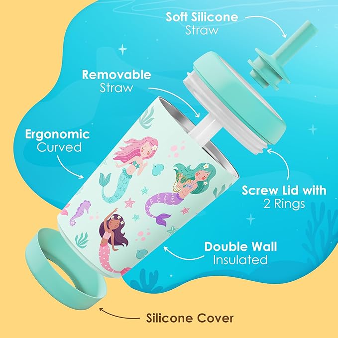 Kid Insulated Stainless Steel Tumbler with Silicone Straw, 12oz Sippy Cup for Kids (Magical Mermaids)