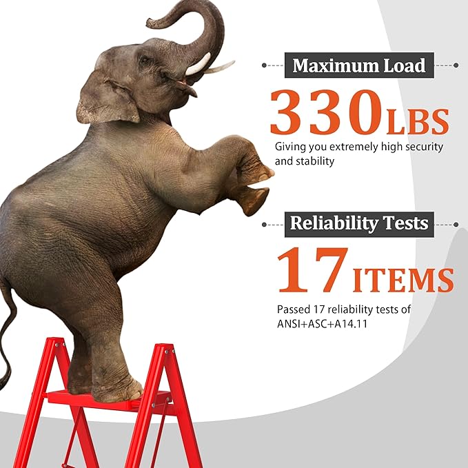 2 Step Ladder, Folding Step Stool with Anti-Slip Wide Pedal, Anti-Slip Feet, Sturdiest Steel Construction, Steel Ladder for Home and Office, Red