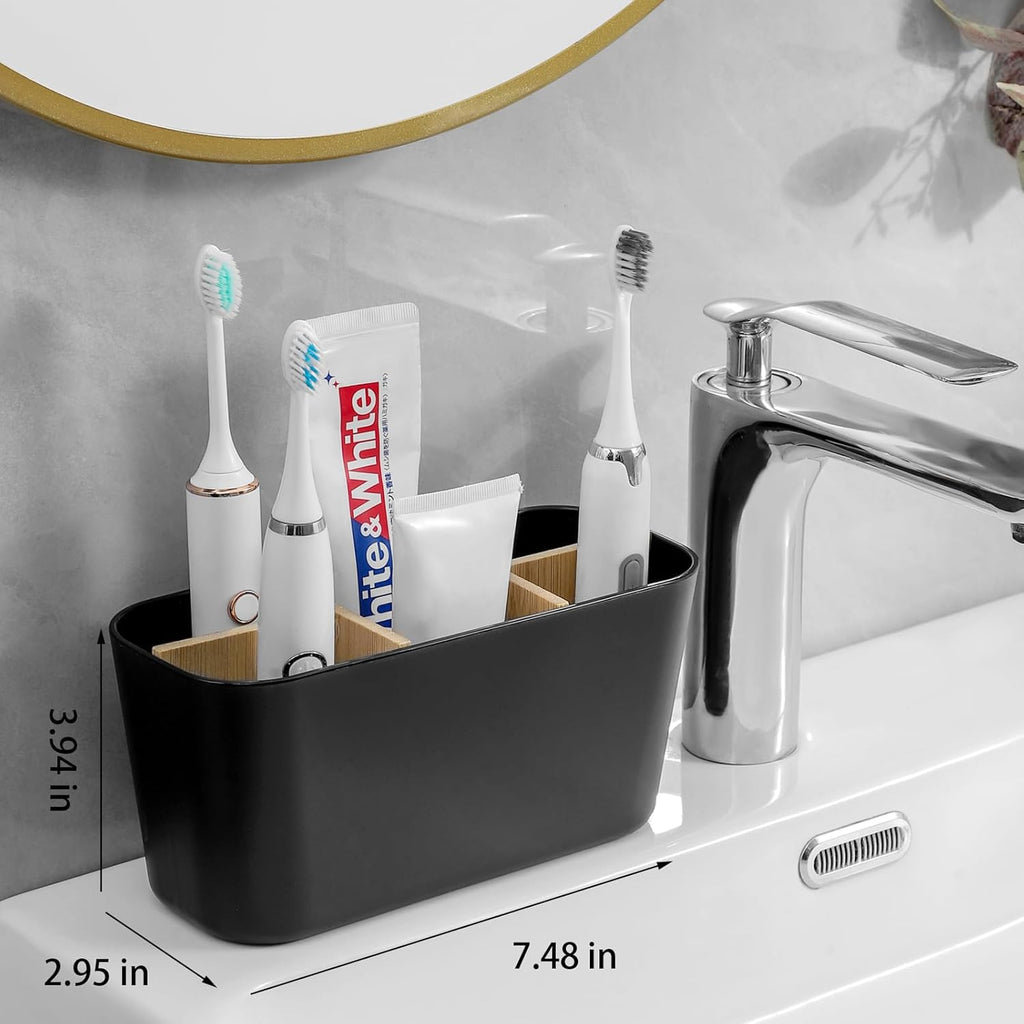Toothbrush Holders for Bathrooms, Bamboo Tooth Brush Holder with 5 Slots Bathroom Vanity Organizer Countertop for Electric Toothbrushes, Toothpaste, Razors - Black