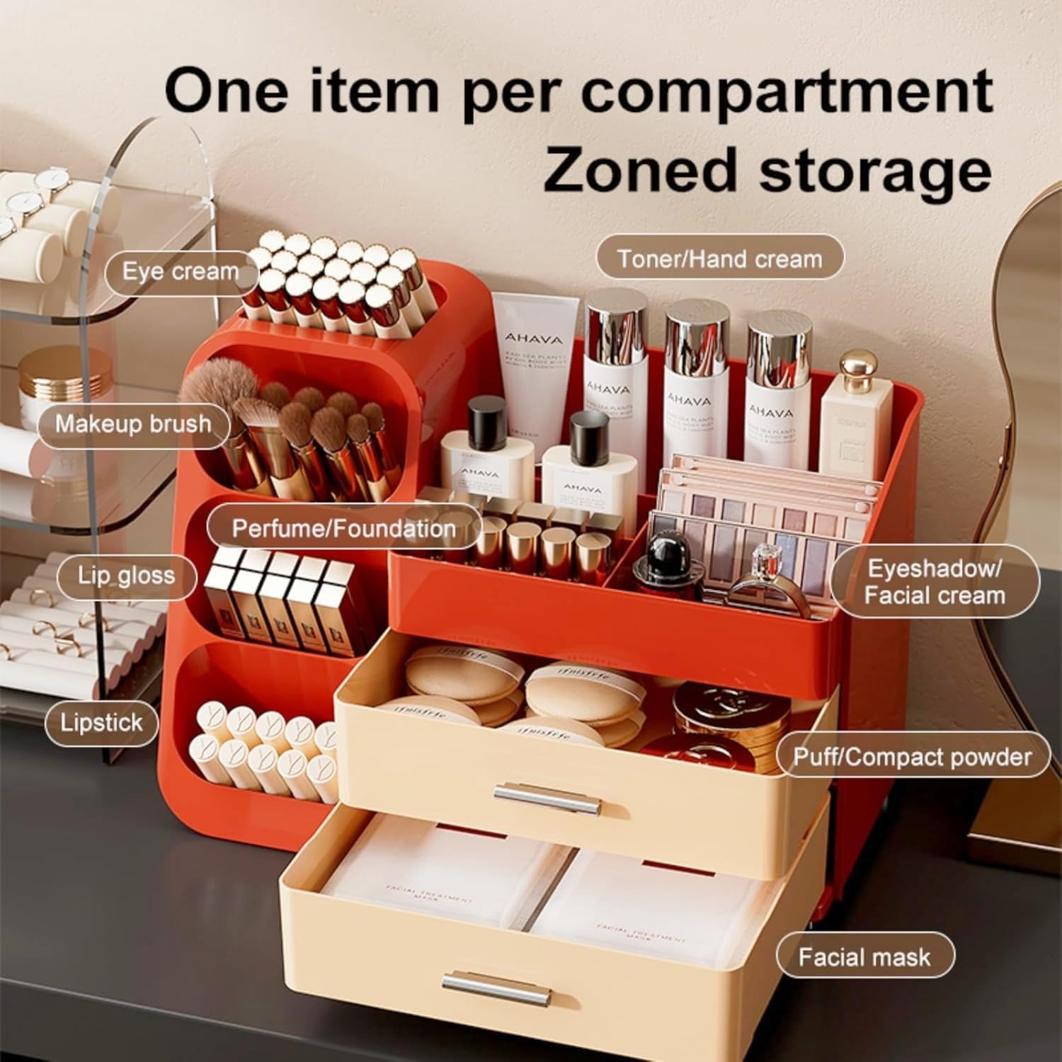 Makeup Organizer with Drawers,Large Capacity Countertop Organizer for Vanity,Bathroom and Bedroom Desk Cosmetics Organizer,Easy To Storage Skincare,Brushes,Lotions,Lipstick (Red and Cream)