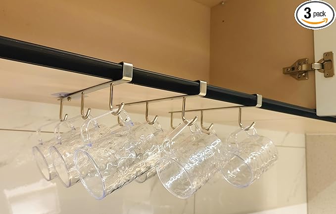 Mug Hooks Under Cabinet , 304 Stainless Steel Cup Hooks for Hanging Under Shelf, Mug Organizer Rack with 9 Hooks for Displaying Mugs, Coffee Cups and Kitchen Utensils,Fit for 0.8" or Less thickness