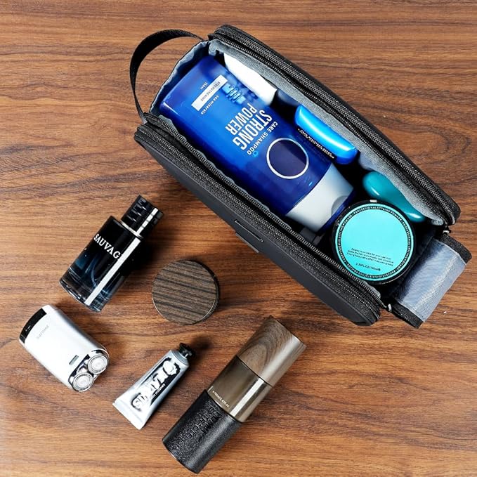 ZEEMO Travel Toiletry Bag for Men, Medium Water-Resistant Double-Sided Full-Open Dopp Kit, Versatile Organizer for Shower and Hygiene Accessories, Bathroom Essentials, Cosmetics, Black