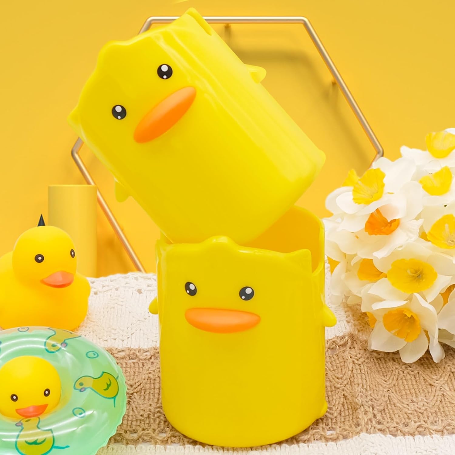 2 Pcs Pencil Holder for Kids, Cute Cartoon Little Yellow Duck Pen Holder, Multifunctional Phone Holder Makeup Brush Holder Stationery Storage Cup