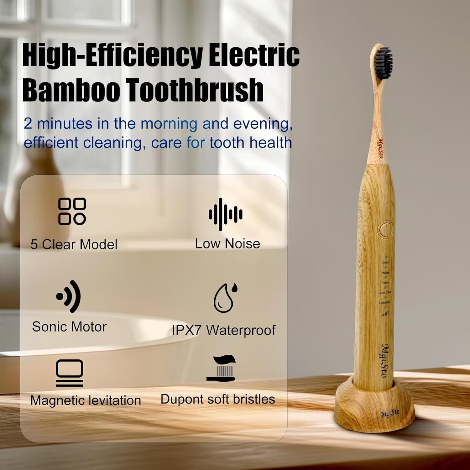 Electric Bamboo Toothbrush Sonic Toothbrush - 4 Replaceable Bamboo Brush Heads Eco-Friendly IPX7 Waterproof Electric Toothbrush, One-Button Switch Five-Mode Brushing