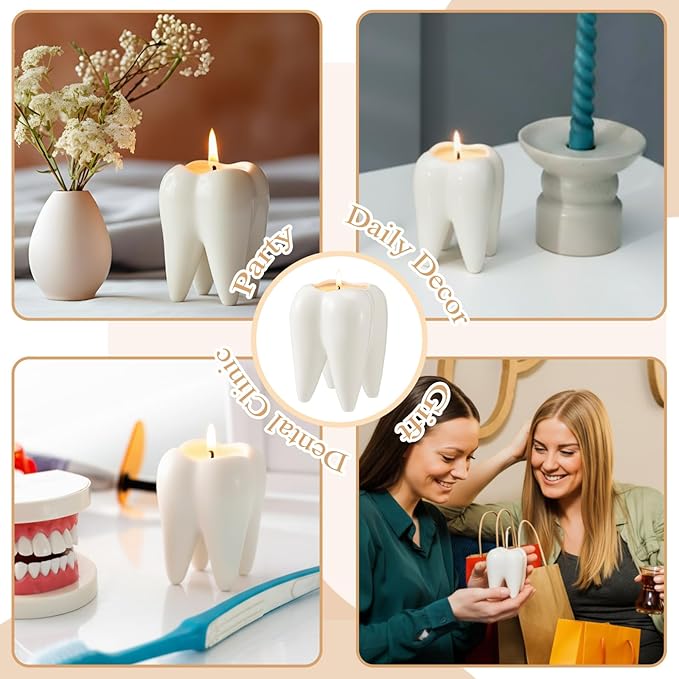 2 Pcs Ceramic Tooth Shaped Scented Candle Freesia Scent Aromatherapy Candle for Dentist 2.7 x 3.9 Inch Long-Lasting Natural Soy Wax for Dentist Clinic Desk Supplies Dental Gifts
