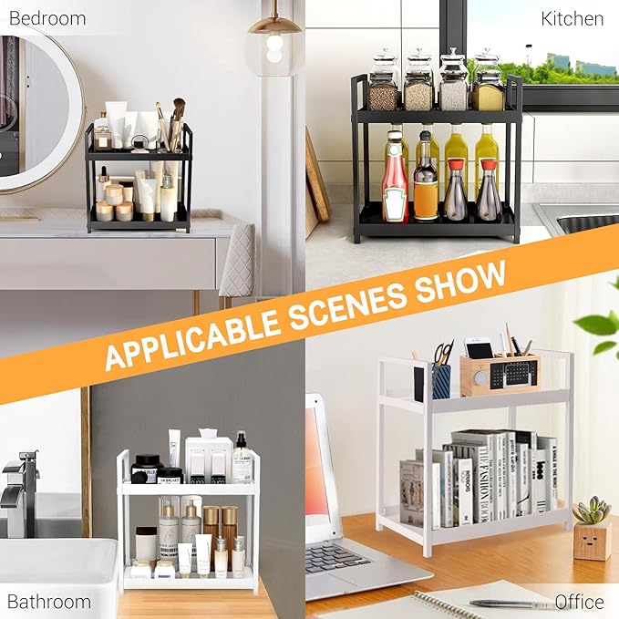 2-Tier Bathroom Counter Organizer with Basket, Vanity Tray Shelf, Bathroom Organizer Countertop, Vanity Organizer Bathroom Tray, Makeup And Skincare Organizers for Vanity, Kitchen Spice Rack (Black)