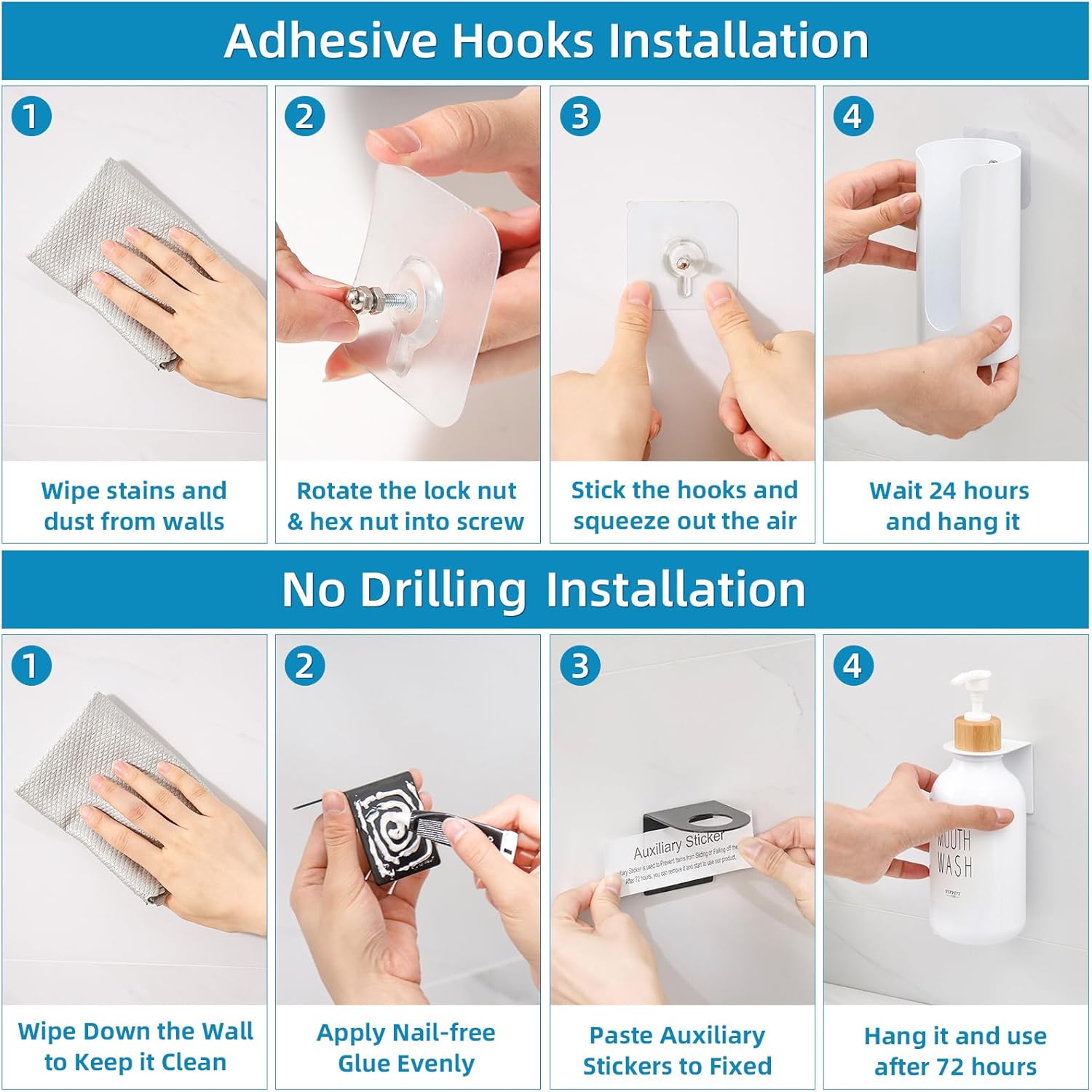 VITVITI Mouthwash Dispenser for Bathroom, Mouth Wash Dispenser Wall Mounted with Cup Holder, 17OZ Refillable Mouthwash Pump Container, Plastic/Bamboo/Metal, White