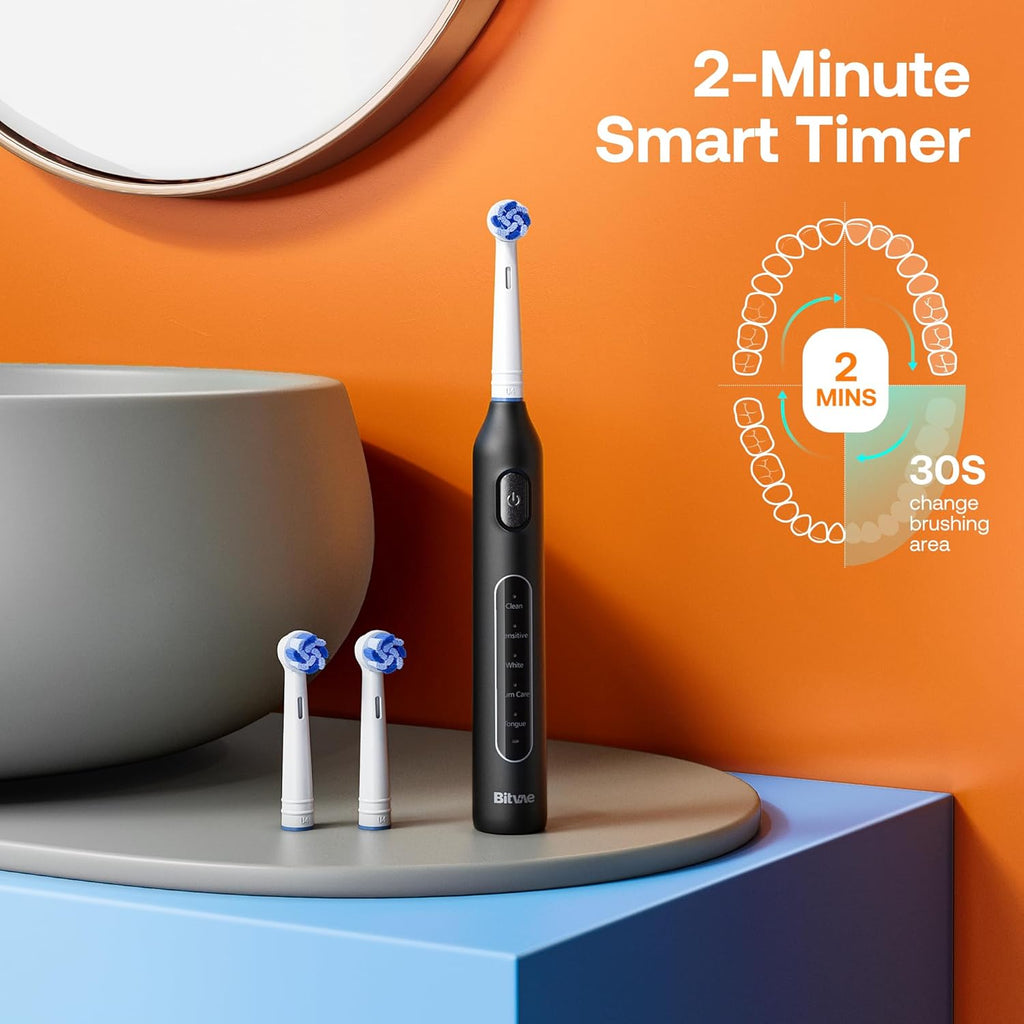 Bitvae R1 Rotating Electric Toothbrush with 8 Brush Heads for Adults and Kids, 60-Day Battery Life, 5 Modes Rechargeable Power Toothbrush with 2-Minute Smart Timer, Black