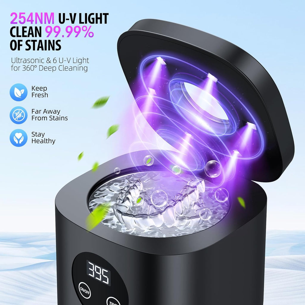 TEBAL Ultrasonic Retainer Cleaner Machine, 52kHz Ultrasonic Denture Cleaner for Night Guards, Braces, Toothbrush Heads, Jewelry and More, Ultrasonic Cleaner for Retainers with 250ML Capacity, Black