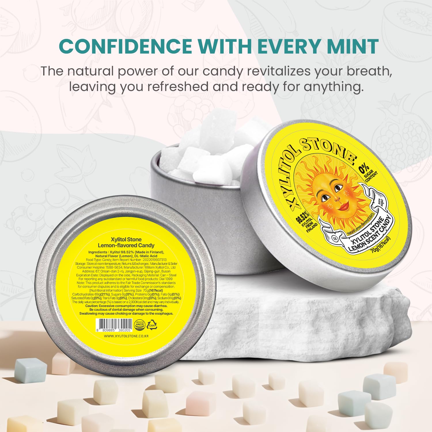 Xylitol Stone Sugar Free Candy - Vegan & Keto Friendly Unique Hard Candy - 100% Natural Flavor Candies - Gluten Free & Non-GMO Breath Freshener Low Calorie Mints - Lemon (Pack of 1)