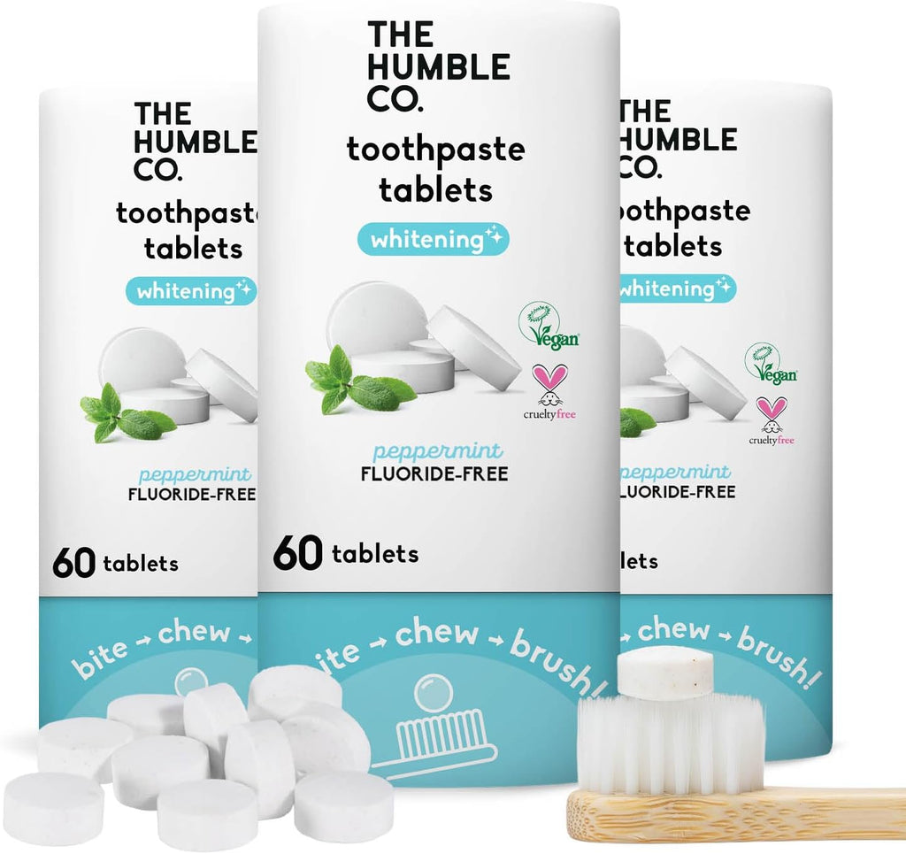 The Humble Co. Whitening Toothpaste Tablets – Fluoride Free Toothpaste Whitening Tablets, Dentist Developed Formula, Vegan, SLS Free, Plastic Free (Peppermint, 3 PK)
