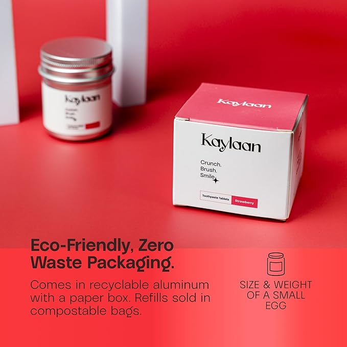 Kalyaan Kids Toothpaste Tablets with Fluoride | Whitening, Sensitivity Relief & Cavity Protection | Chewable, Plastic-Free, Travel-Friendly - Strawberry, 180 Count, Made in USA