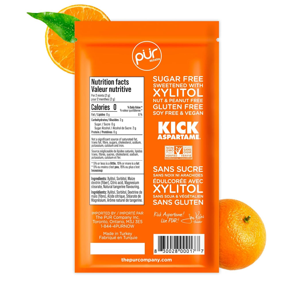 PUR Mints | Aspartame Free Breath Mints | Made with Xylitol | Sugar Free, Vegan, Gluten Free | Natural Tangerine Tango Flavor | 65 Pieces in Re-Sealable pouch (Pack of 3)