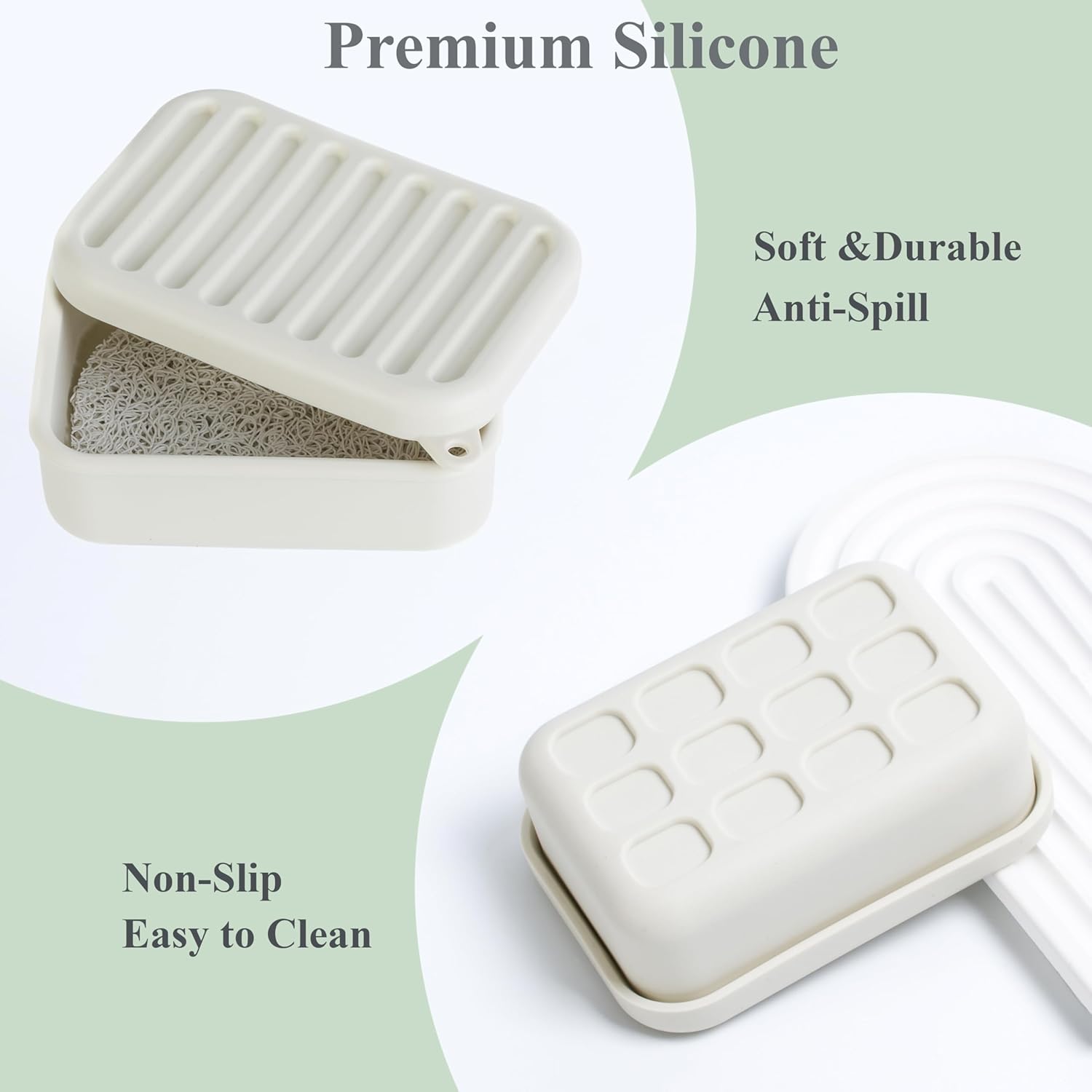 Portable Leakproof Travel Soap Case, Silicone Travel Soap Case, Compact Soap Holder with Drainage Layer, Travel Soap Holder for Camping, Gym, Outdoor (Rice-White)