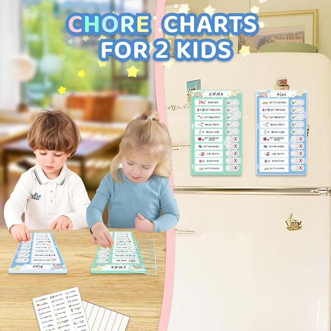 2 in 1 Namable Chore Chart for Kids, Dry Erase Morning/Bedtime Routine Chart for Kids for Refrigerator, Magnetic Visual Schedule for Kids Toddlers to Do List Checklist for Multiple Kids