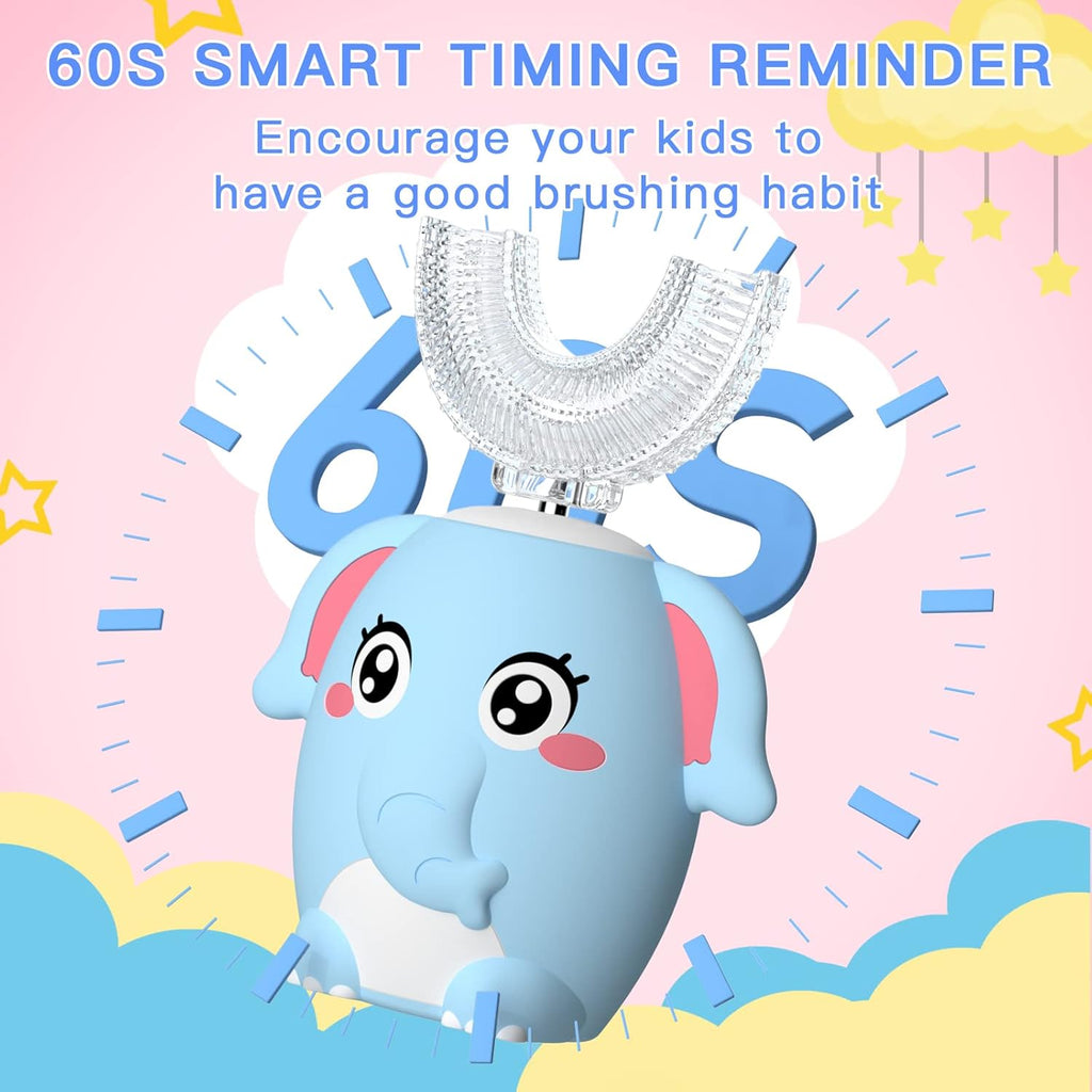 Kids Electric U Shaped Toothbrush Children Rechargeable Sonic Toothbrush with 4 Brush Heads Full Mouth 6 Cleaning Modes - (Age 8-15 Blue)