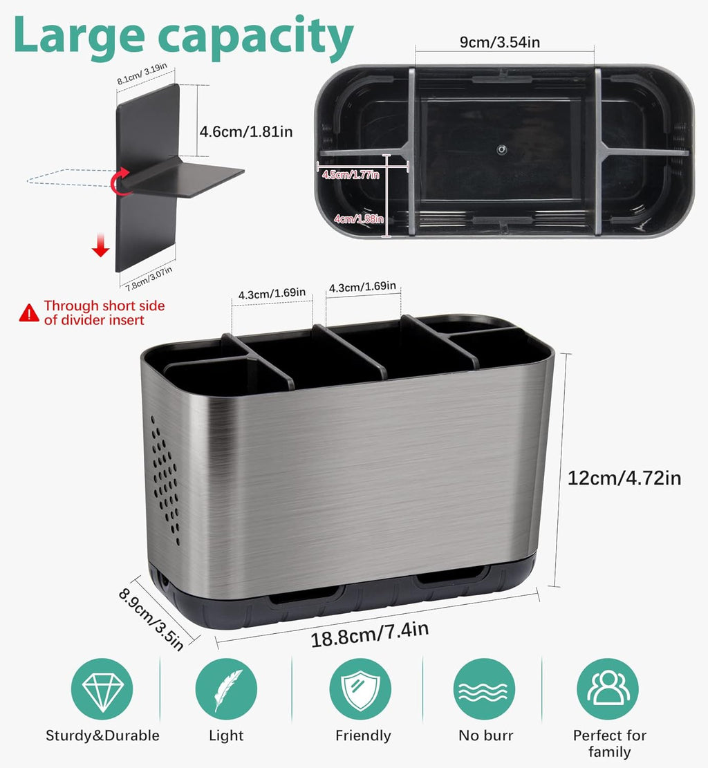 Boperzi Toothbrush and Toothpaste Holder Brushed Nickel Drainage for Bathroom Vanity, Large Electric Toothbrush Storage Caddy Anti-Slip Rustic with Adjustable Dividers for Family, Kids