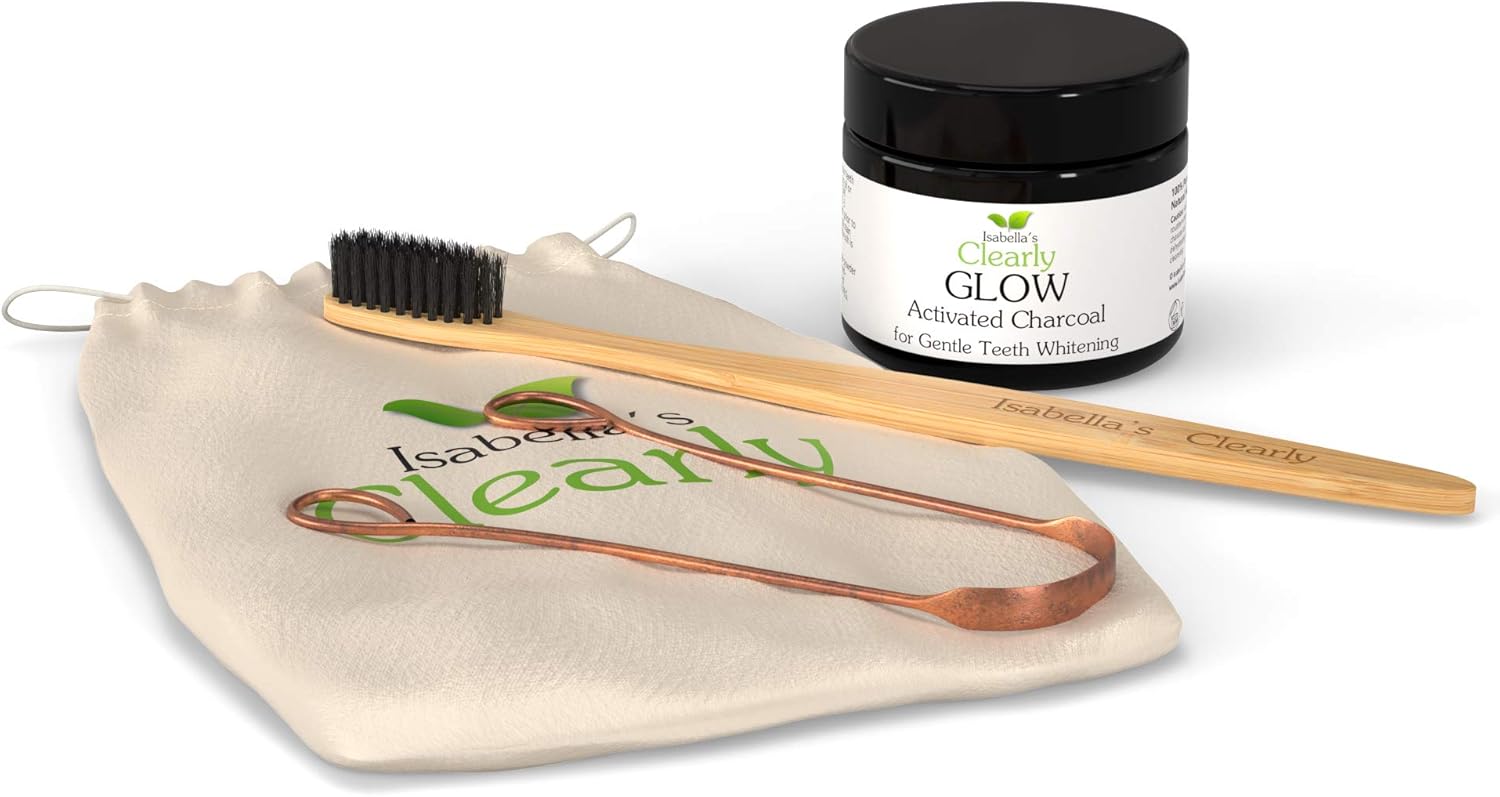 Glow Teeth Whitening Kit (4 Piece) | Pure Food Grade Activated Charcoal Powder + Bamboo Ultra Soft Toothbrush + Copper Tongue Cleaner + Eco Canvas Gift Bag