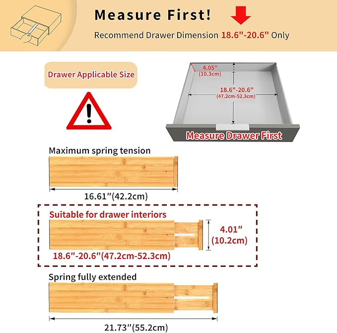 Utoplike Bamboo Drawer Dividers Large(Fits 18.6"-20.6" Drawer Inner Size, Height > 4.05"), Adjustable Kitchen Drawer Organizers for Clothing, Spring Loaded, 4 pcs
