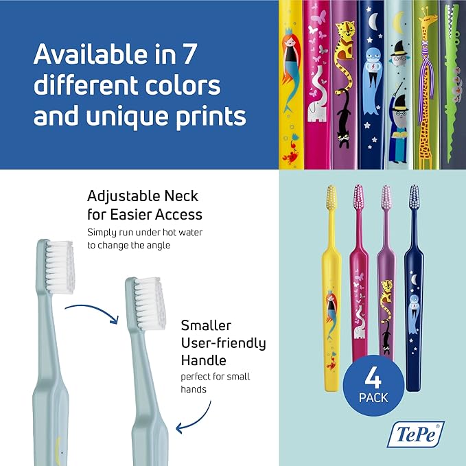 TePe Kids Toothbrush, Extra Soft Kid and Toddler Toothbrush for Ages 3+, 4 Pack