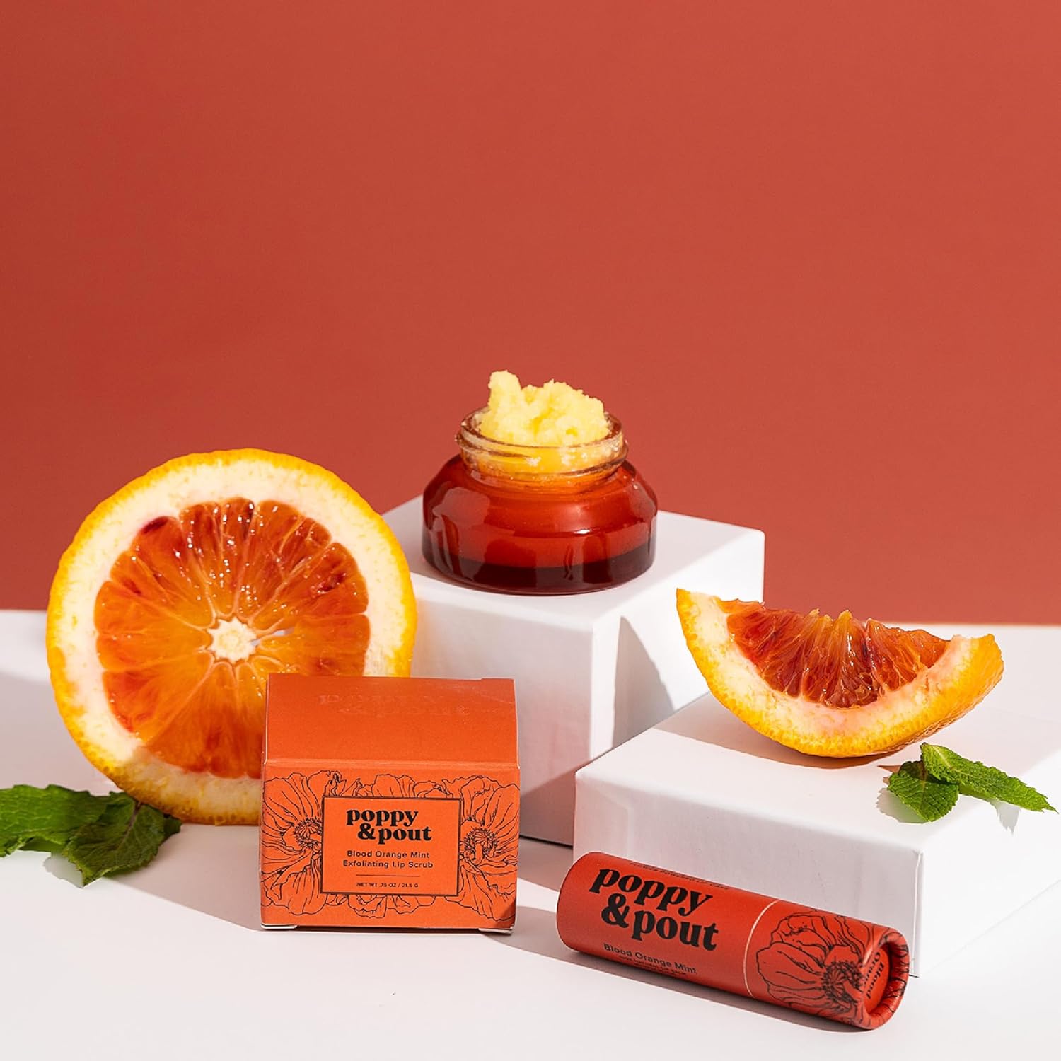 Poppy & Pout Lip Care Set | Lip Balm & Scrub | Sustainable Cardboard Tubes & Glass Jars, All Natural, Beeswax, Coconut Oil, Cruelty Free, Exfoliating & Moisturizing Lip Treatment (Blood Orange Mint)