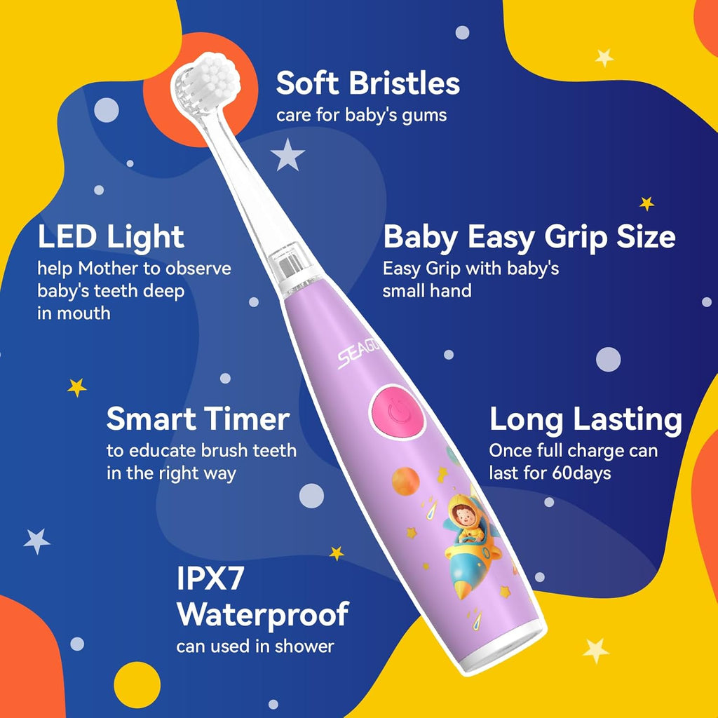 SEAGO Kids Electric Toothbrush Rechargeable with Smart Timer, LED Observing Light & DIY Stickers for Toddlers Ages 2-4, Soft Bristles for Oral Care, USB Charging (Pink)