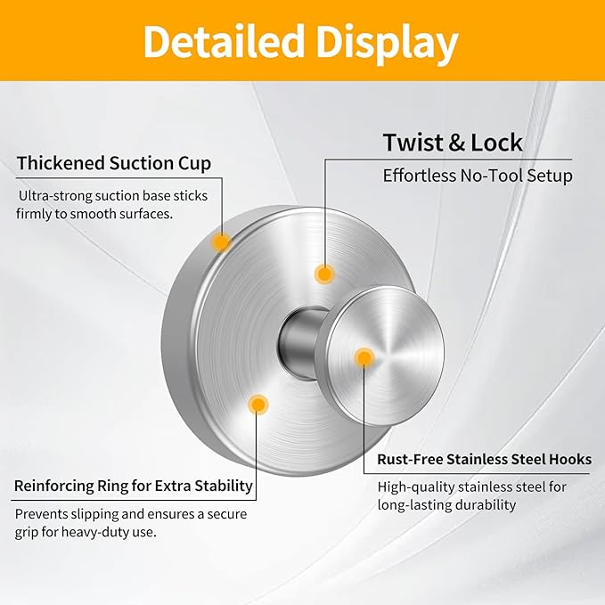 4 Pack Suction Cup Hooks, Removable Stainless Steel Drill-Free Heavy Duty Strong Suction, Reusable Waterproof Hooks for Bathroom Kitchen Mirror Tile Glass, Wall for Hanging Towels Keys