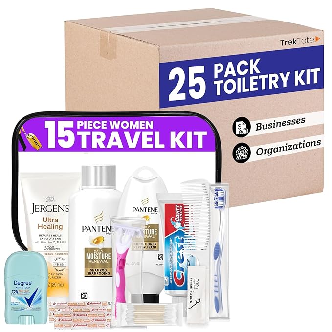 Trektote Bulk Hygiene Kit For Women – (25 Pack) 15 Piece Set – Featuring Top Trusted Brands, TSA Compliant, Bulk Travel Essentials, Includes Shampoo And Conditioner, Lotion, Toiletry Bag & More