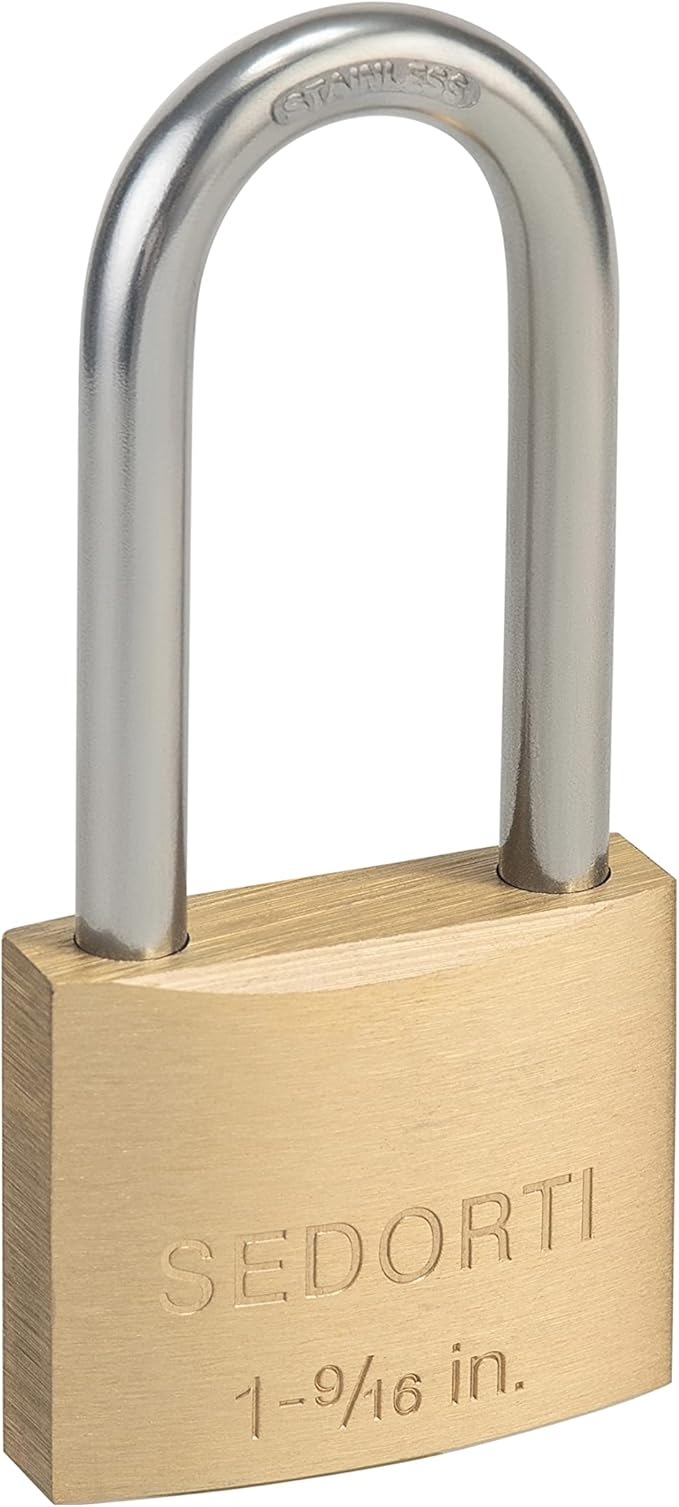 Weatherproof Padlock with Stainless Steel 304 Long Shackle and Solid Brass Body, 1-9/16 in. Wide, 4 Padlocks Keyed Alike, Marine Grade Rustproof Lock for Outdoors Use YNBSP440