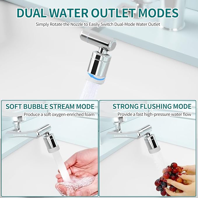 1440° Rotating Faucet Extender, Brass Multifunctional 1080°+ 360° Swivel Extension Robotic Arm Sink Aerator for Kitchen/Bathroom, 2 Water Outlet Modes, Silver