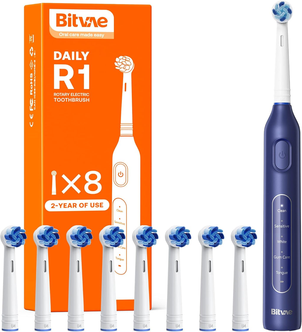 Bitvae R1 Rotating Electric Toothbrush with 8 Brush Heads for Adults and Kids, 60-Day Battery Life, 5 Modes Rechargeable Power Toothbrush with 2-Minute Smart Timer, Dark Blue