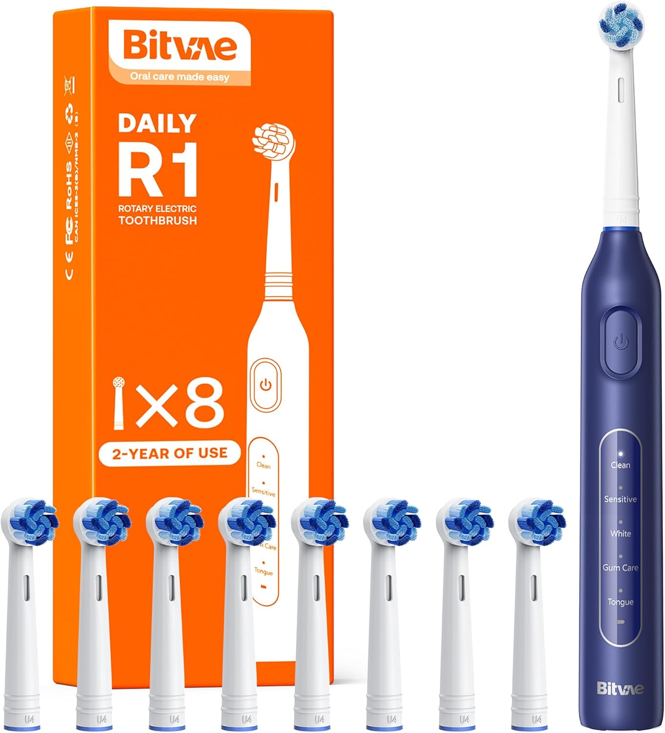 Bitvae R1 Rotating Electric Toothbrush with 8 Brush Heads for Adults and Kids, 60-Day Battery Life, 5 Modes Rechargeable Power Toothbrush with 2-Minute Smart Timer, Dark Blue