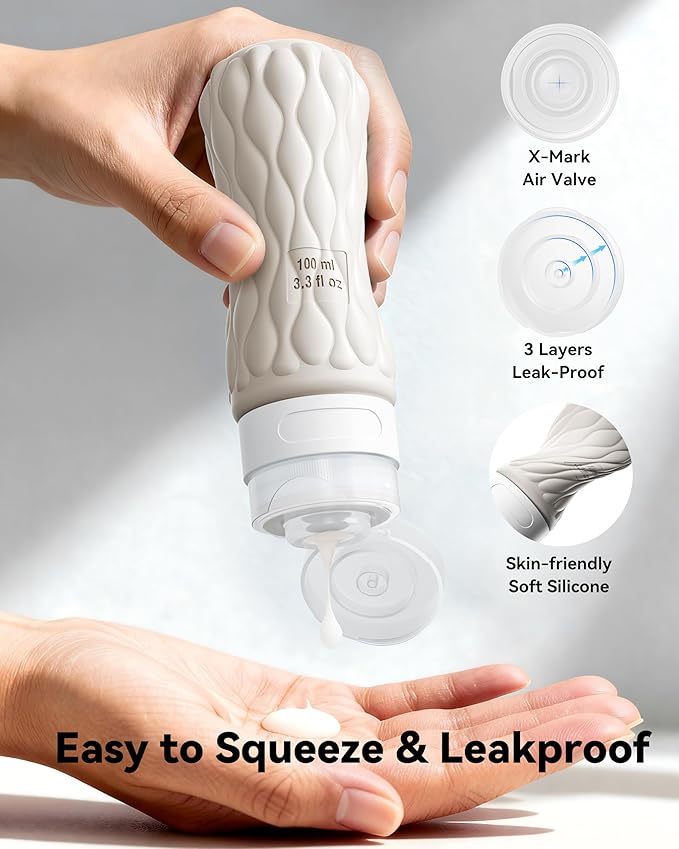 Silicone Travel Bottles for Toiletries 8 Pack Travel Size Toiletries 3.4 oz 1.7 oz, Leakproof Squeeze Travel Size Containers Refillable Cosmetic Jars Set for Shampoo, Conditioner, Creams