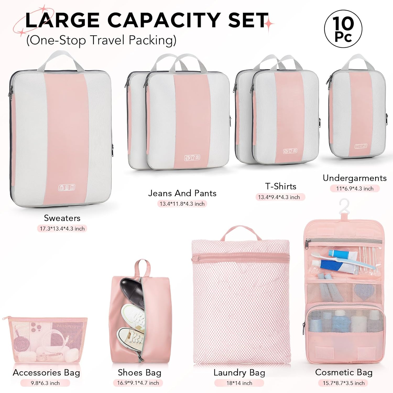 10 Set Compression Packing Cubes for Travel Essentials Women Mom,Compressible Expandable Packing Cubes for Suitcase,OlarHike Luggage Organizer Bags for Travel,Handy Helper for Organizing Clothes(Pink)