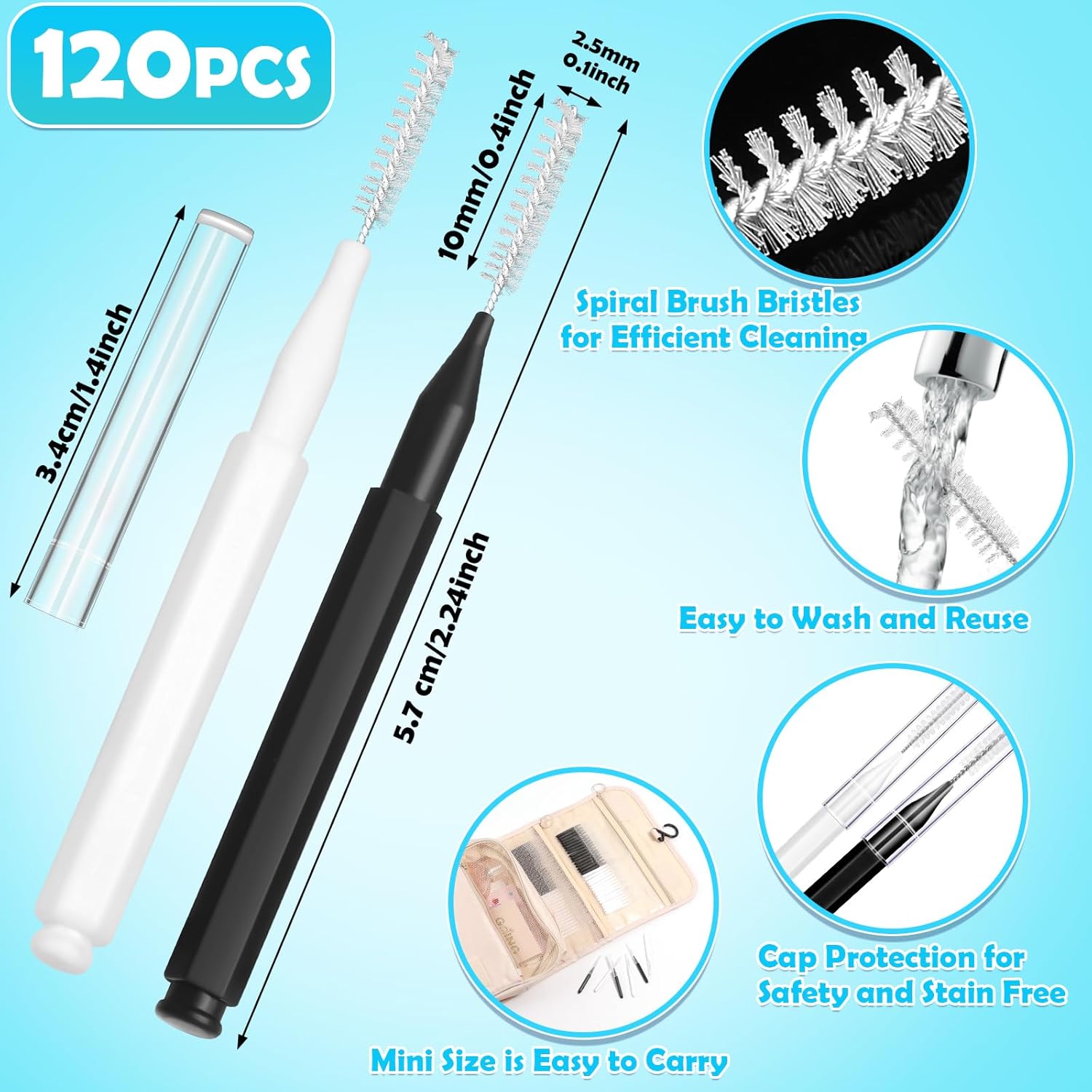 120Pcs Interdental Brush, Braces Brush Toothpicks with Soft Bristles 360° Bendable Floss Heads Dental Brushes Between Teeth Gum Braces Cleaning Kit Oral Tooth Cleaning Tool （Black, White）