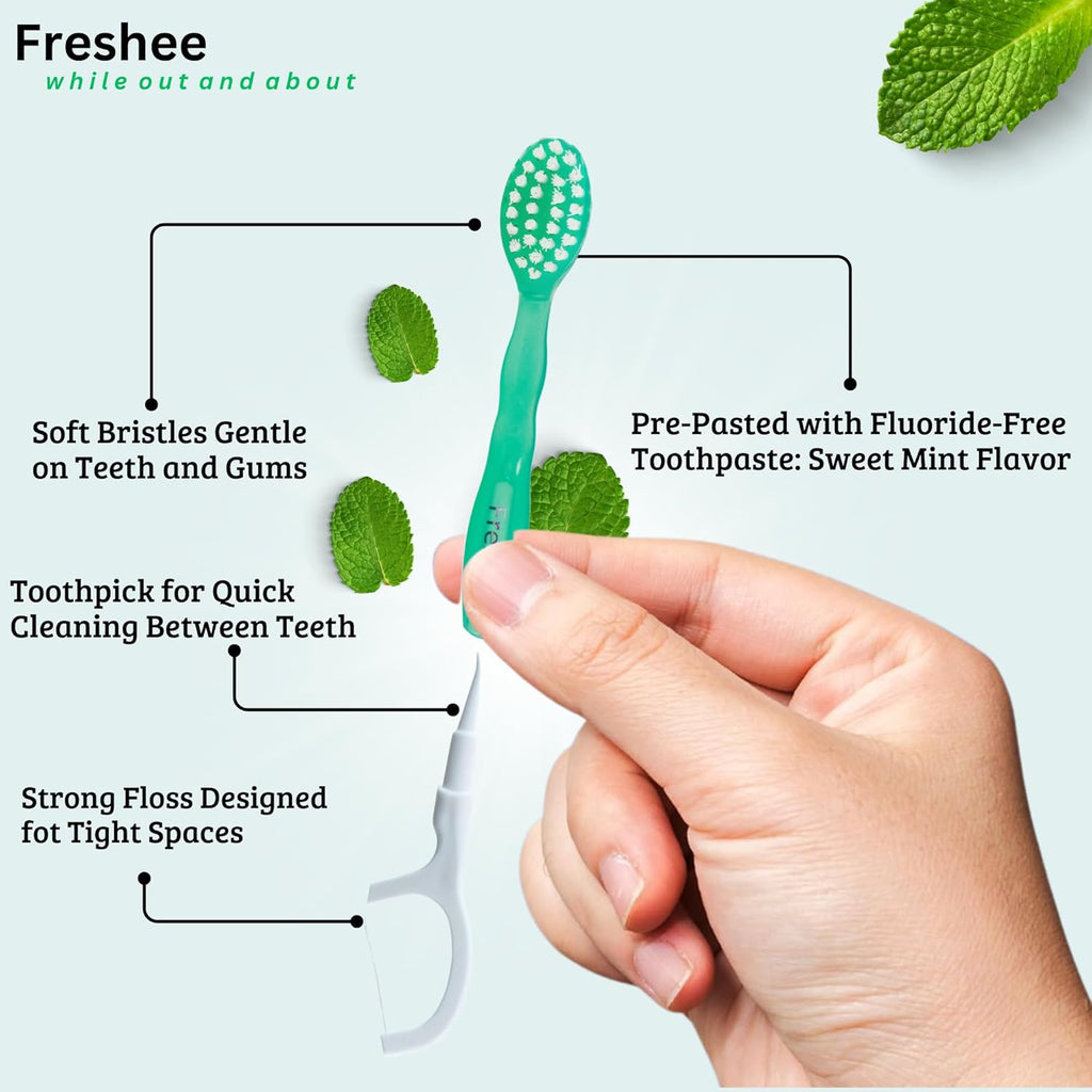 Freshee Paste - 5 in 1 Disposable Mini Toothbrush with Soft Bristles & Toothpaste + Floss + Pick + Tongue Scraper | Travel Size | Individually Wrapped | Soft | Mint | Travel Set |Oral Care