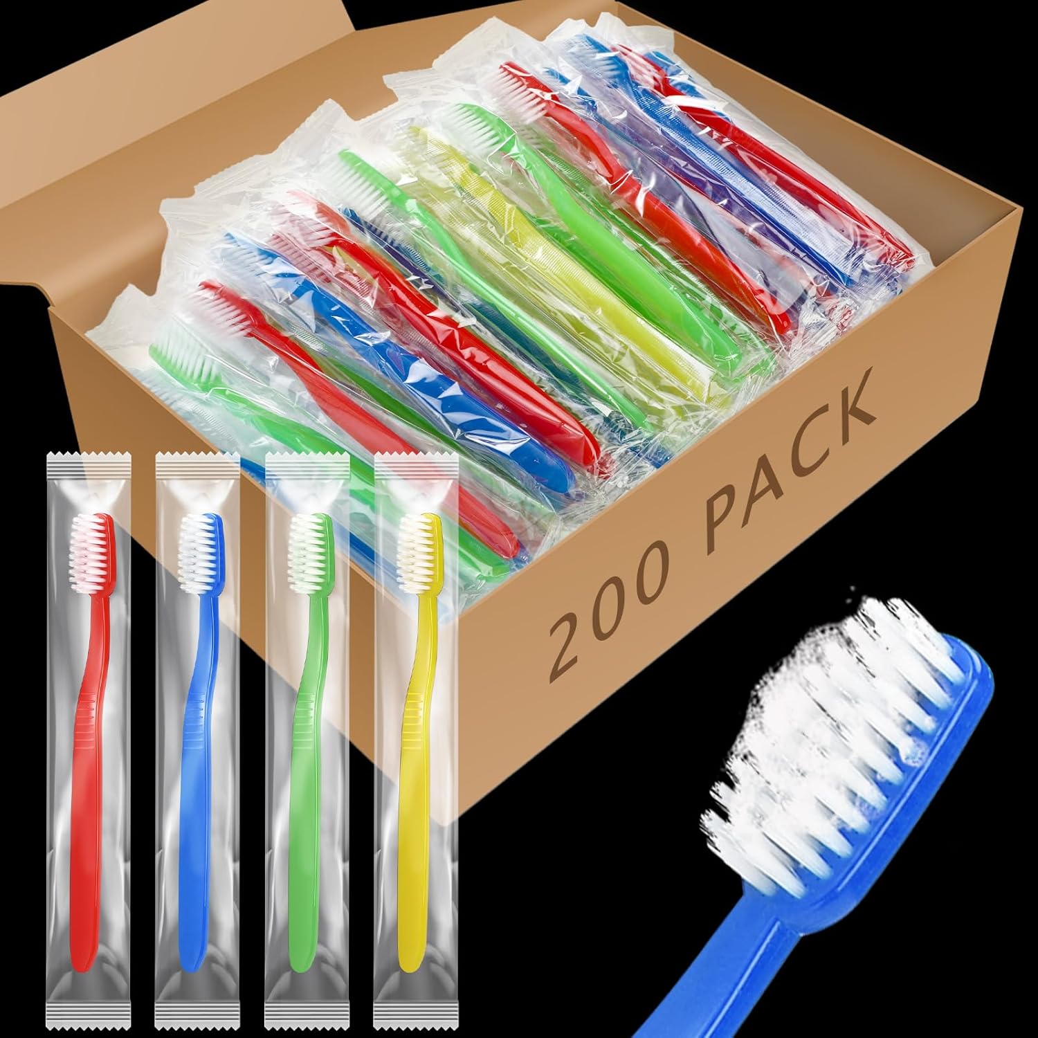 Tioncy 200 Pack Prepasted Disposable Toothbrushes Individual Wrapped Toothbrushes Soft Bristle Travel Toothbrush Single Use Wrapped for Hotel, Camp, Travel and Gift for The Homeless (Dopamine Colors)
