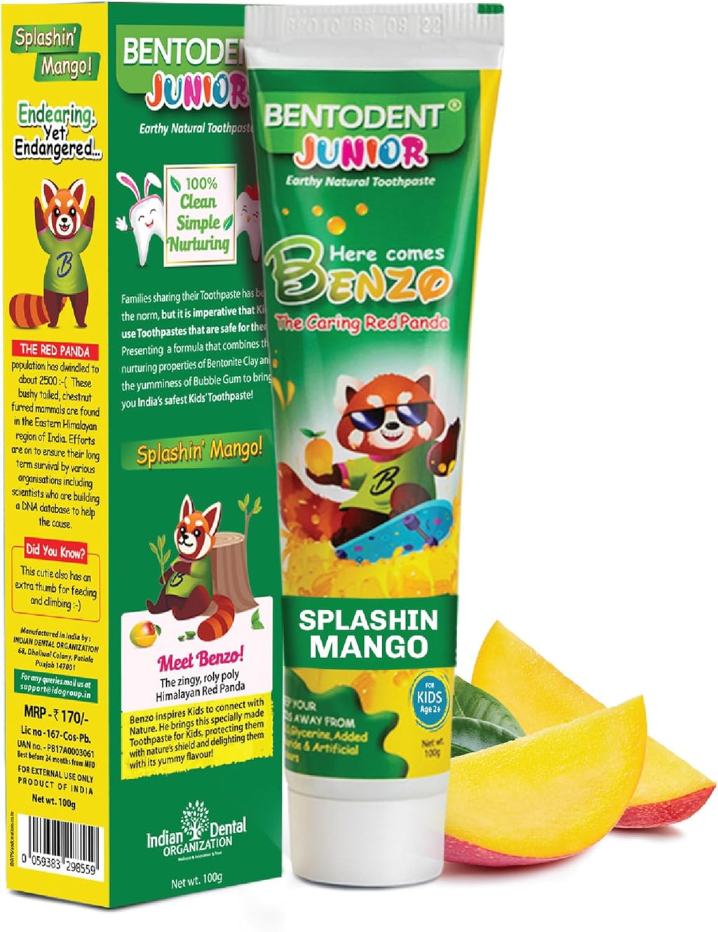 Bentodent Fluoride Free Kids Toothpaste - Natural Calcium Bentonite Clay Toothpaste - SLS Free, Fresh Breath, Plaque Removal by Brushing (Mango)