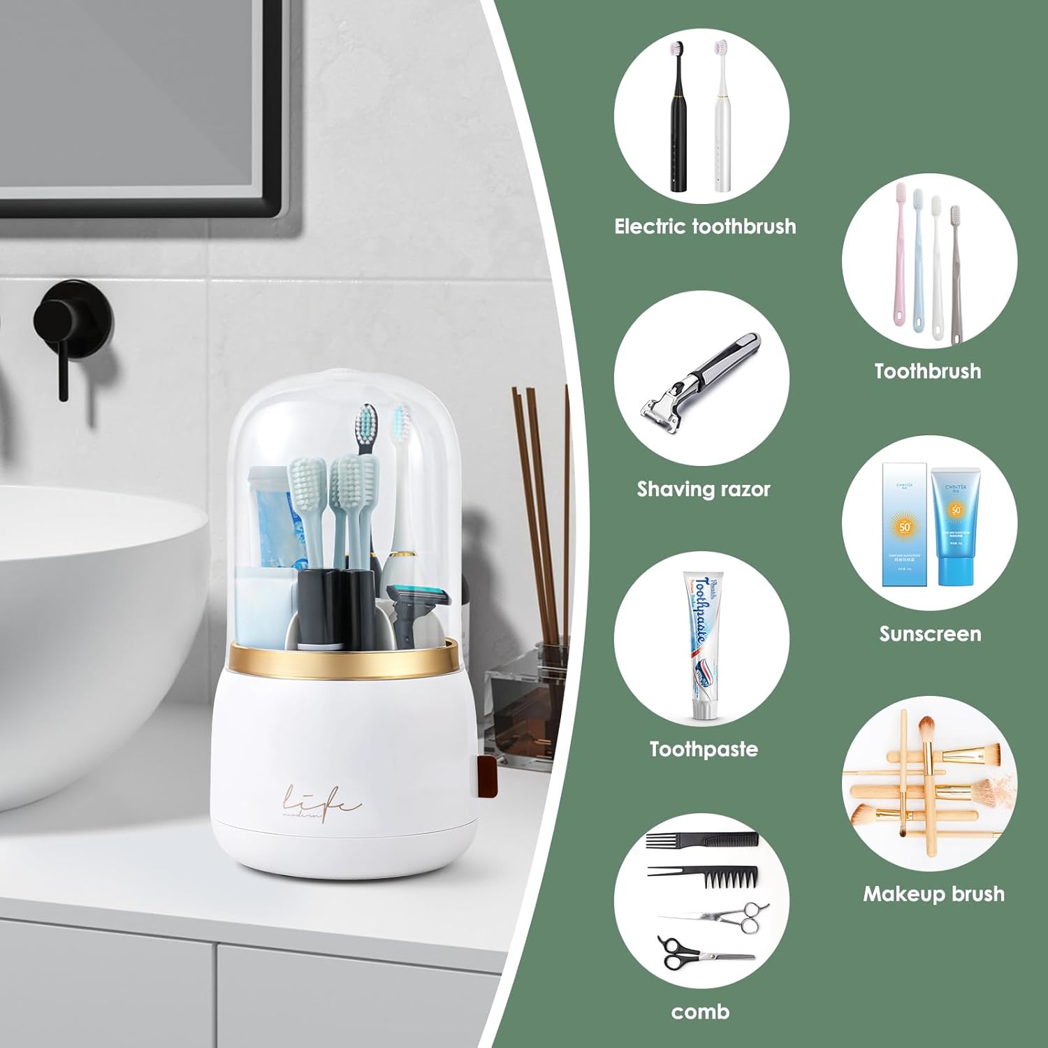 Toothbrush Holders for Bathrooms,Rotating 7-Slot with Cover and Draining Water,Kids Electric Toothbrush Holder and Toothpaste Stand Storage for Bathroom Accessories Counter Organizer Vanity