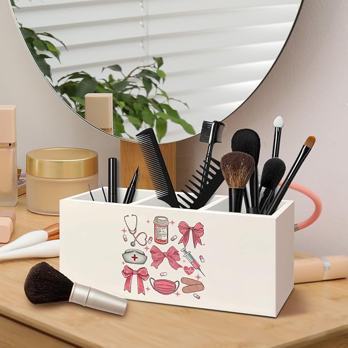 Nurse Gifts Wooden Pen Pencil Holder for Desk Accessories, Nurses Week Gifts for Women, Coquette Pink Bow Nursing Wood Makeup Brush Toothbrush Holder Organizer for Vanity Bathroom