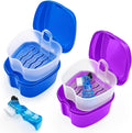 2 Pack Denture Bath Case Dental False Teeth Holder with Brush, Retainer Cleaning Case Denture Bath Cup Storage False Teeth Travel Case with Strainer - Purple and Dark Blue