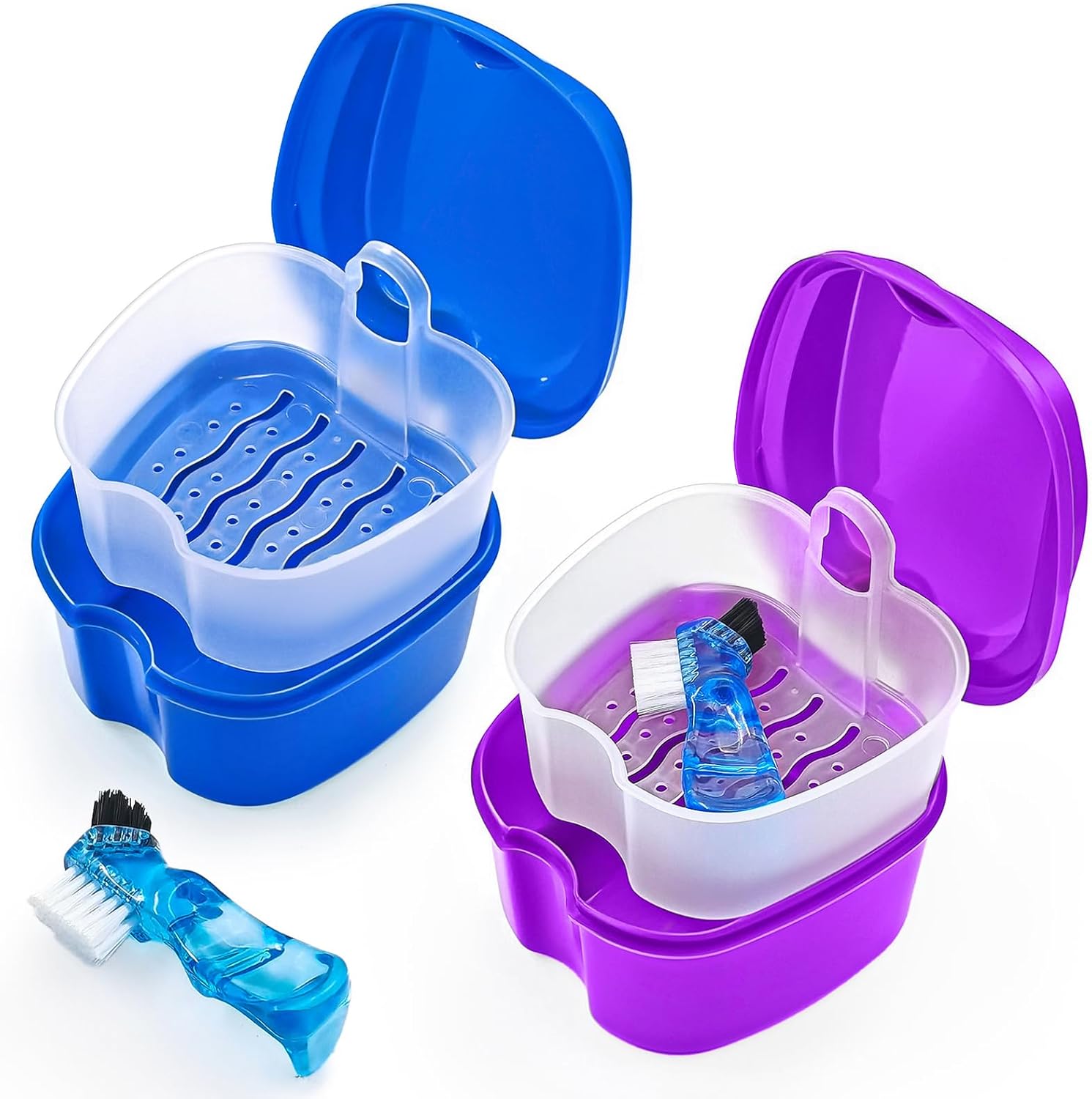 2 Pack Denture Bath Case Dental False Teeth Holder with Brush, Retainer Cleaning Case Denture Bath Cup Storage False Teeth Travel Case with Strainer - Purple and Dark Blue