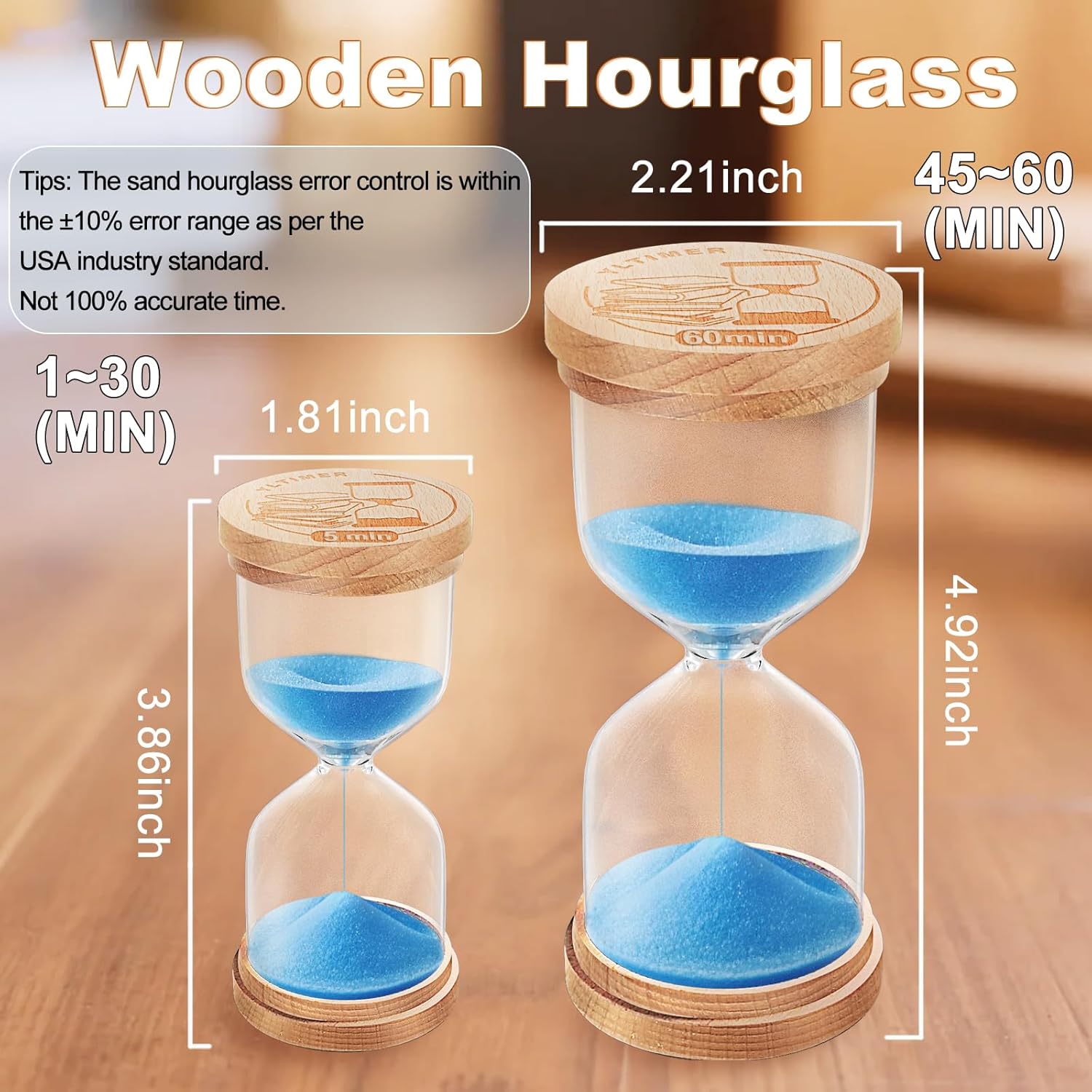 2 Minute Sand Timer Hourglass:Beech Wooden Sand Clock,Small Sand Watch 2 Min,Blue Hour Glass Sandglass for Home,Brushing Teeth,Kitchen (Blue)