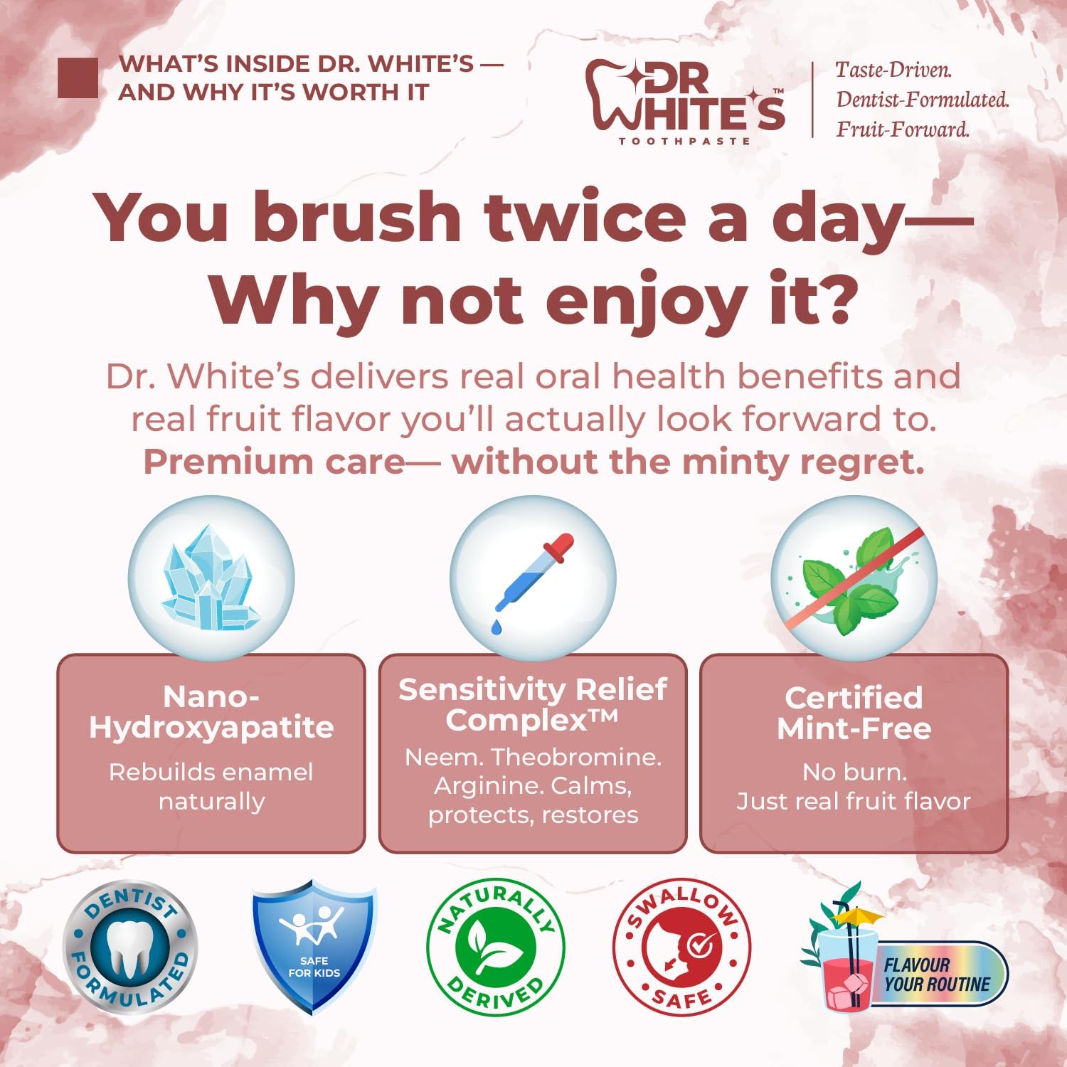 Dr. White’s Fluoride-Free nHA Toothpaste 3-Pack; Dentist-Formulated, Nano Hydroxyapatite + Xylitol, Sensitivity Relief Complex™, Mint-Free, Enamel Safe, Swallow-Safe (3.5 Oz, Cherry Bloom)