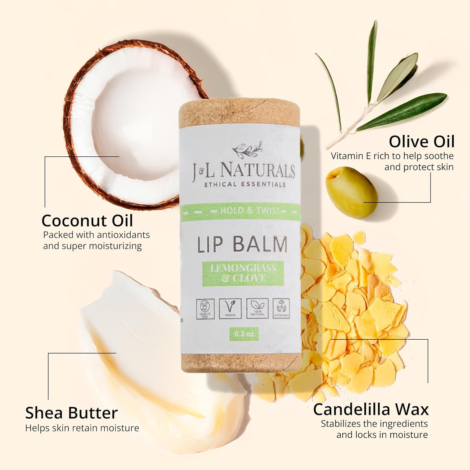 J&L Naturals Sustainable Lip Balm | Organic Ingredients, 100% Natural, Eco-Friendly | Cruelty Free, Vegan, Paraben Free, Silicone Free (Lemongrass & Clove, 5-Piece Bundle)