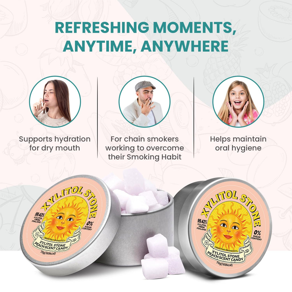 Xylitol Stone Sugar Free Candy - Vegan & Keto Friendly Unique Hard Candy - 100% Natural Flavor Candies - Gluten Free & Non-GMO Breath Freshener Low Calorie Mints - Peach (Pack of 2)