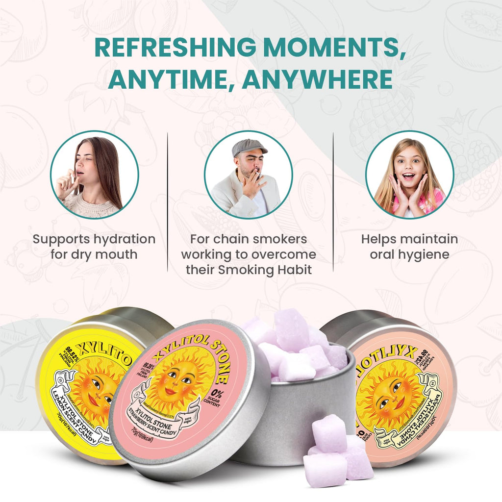 Xylitol Stone Sugar Free Candy - Vegan & Keto Friendly Unique Hard Candy - 100% Natural Flavor Candies - Gluten Free & Non-GMO Breath Freshener Low Calorie Mints - Pack of 3 (Peach, Strawberry, Lemon)